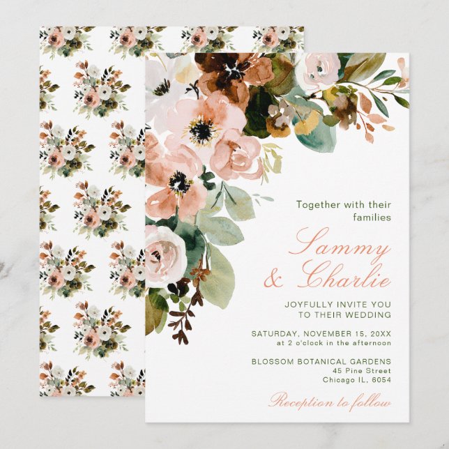Invitation Automne automne Fleurs roses et Mariage de feuilla (Devant / Derrière)