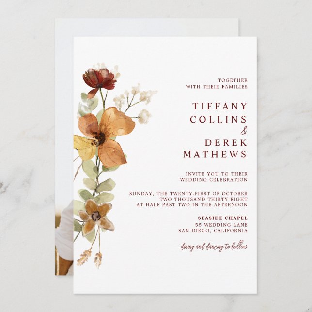 Invitation Automne automne Mariage floral (Devant / Derrière)