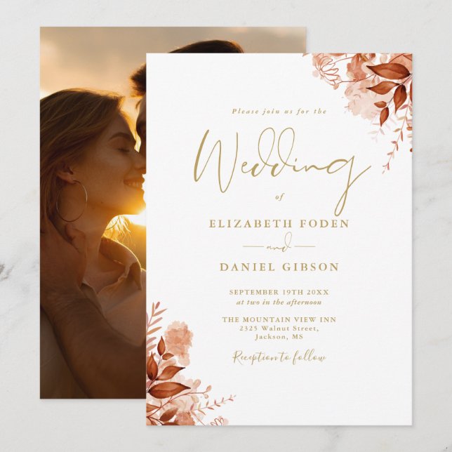 Invitation Automne Automne Rustique Floral Photo Chic Mariage (Devant / Derrière)