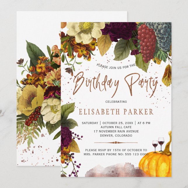 Invitation Automne automne typographie florale adulte fête d' (Devant / Derrière)