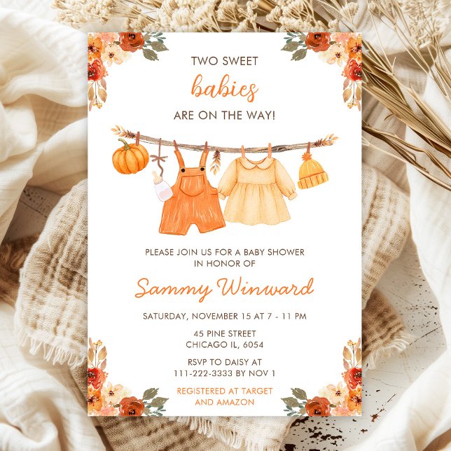Invitation Automne Automne Vêtements Ligne Jumeaux Baby showe (Créateur téléchargé)