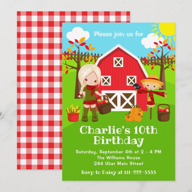 Invitation Automne Barnyard Anniversaire Blonde Coiffeuse (Devant / Derrière)