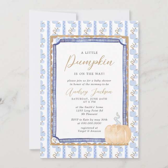 Invitation Automne Bleu Chinoiserie Bleu Citrouille Baby show (Devant)