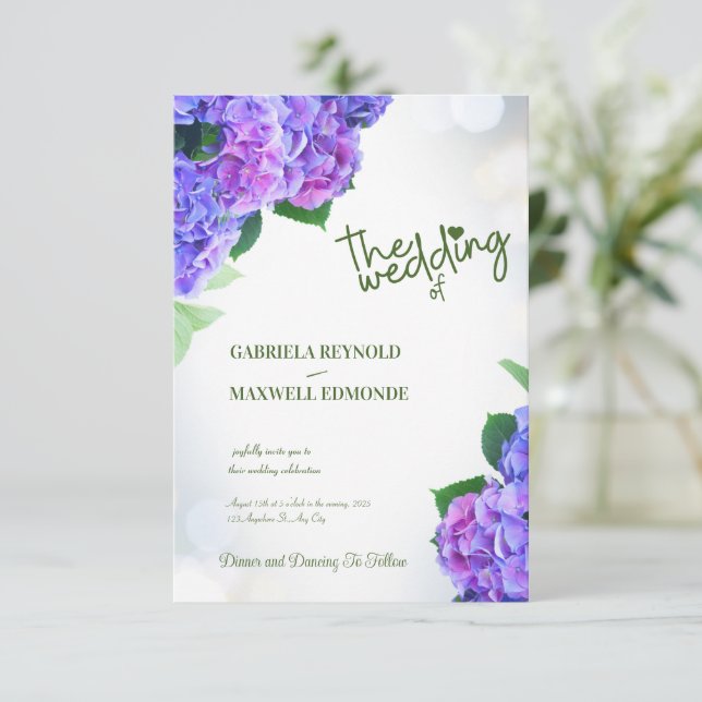 Invitation Automne bleu Nature Purple Hydrangea Mariage (Debout devant)