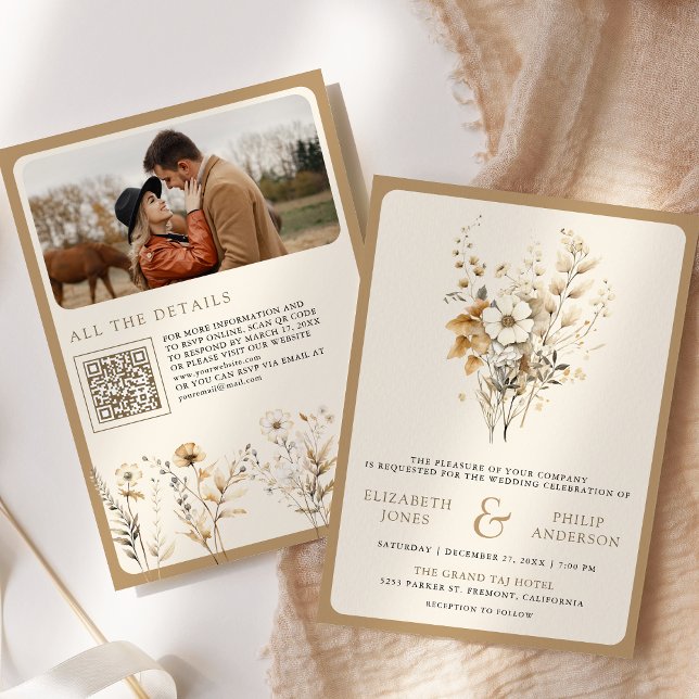 Invitation Automne Bohème Code QR Photo Fleur Sauvage Mariage (Créateur téléchargé)