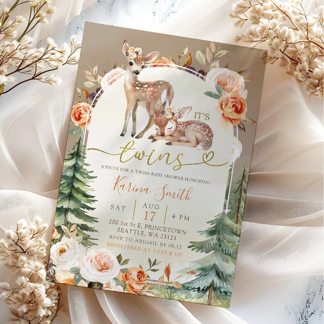 Invitation Automne Boho Deer Twins Girl Floral Baby shower (Créateur téléchargé)