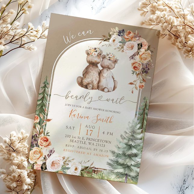 Invitation Automne Boho Ours Boisé Forêt Baby shower Floral (Créateur téléchargé)