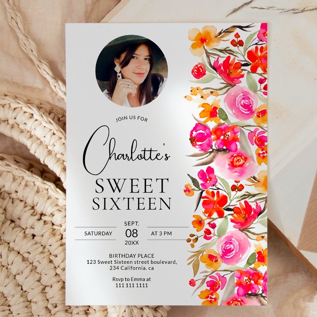 Invitation Automne boho rouge orange floral photo Sweet 16 (Fall boho red orange floral photo Sweet 16 Invitation)
