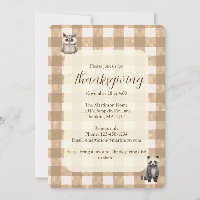 Invitation Automne Bois Animaux Brown En vichy Thanksgiving (Devant)