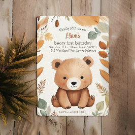 Invitation Automne Bois Ours Bébé Aquarelle 1er Anniversaire