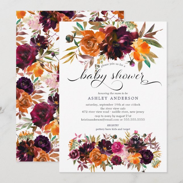 Invitation Automne Bourgogne & Baby shower Floral Orange (Devant / Derrière)