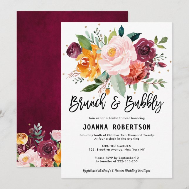 Invitation Automne Bourgogne Blush Brunch Floral & Bubbly (Devant / Derrière)