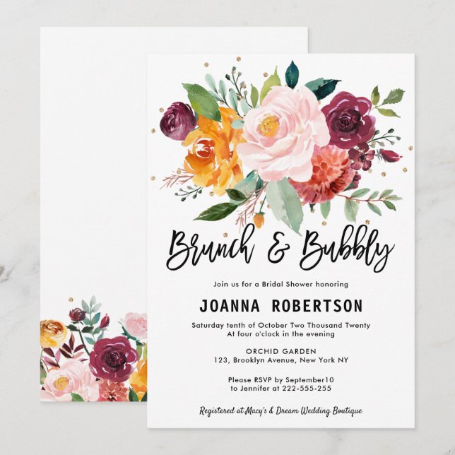 Invitation Automne Bourgogne Blush Floral Brunch & Bubbly Inv (Devant / Derrière)