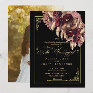 Invitation Automne Bourgogne Noir Floral Boho Russe Mariage