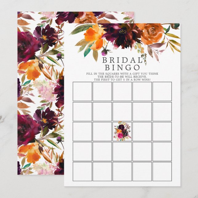 Invitation Automne Bourgogne & Orange Floral Jeu de Bingo (Devant / Derrière)