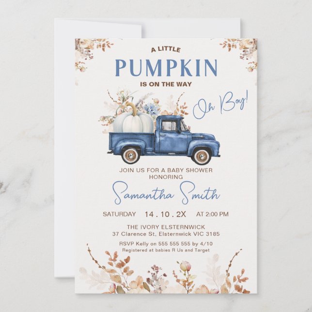 Invitation Automne Brown Fleur sauvage Citrouille Baby shower (Devant)