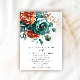 Invitation Automne Brûlé Orange Turquoise Rose Mariage botani