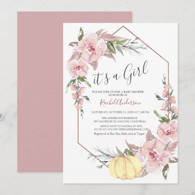 Invitation Automne C'est une fille Citrouille Baby shower Inv (Devant / Derrière)