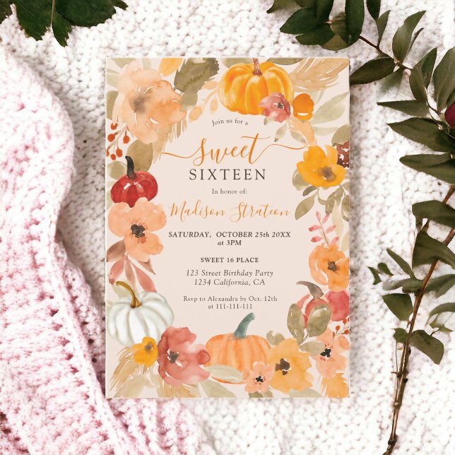 Invitation Automne Chic Boho citrouille floral Sweet 16 anniv (Fall Chic Boho pumpkin floral Sweet 16 birthday Invitation)