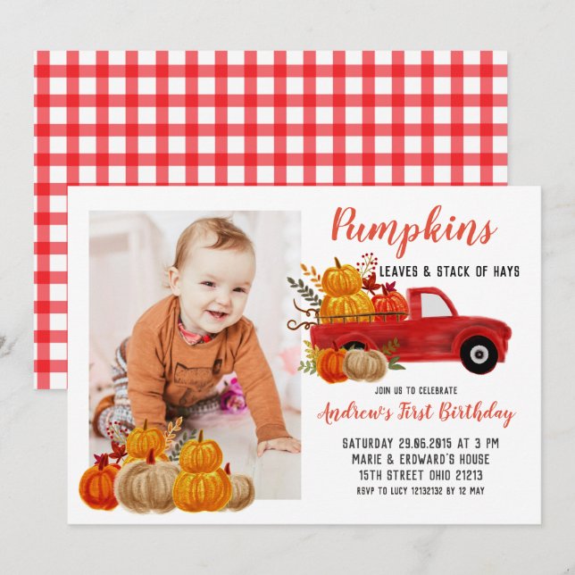 Invitation Automne Citrouille Camion rouge Anniversaire avec  (Devant / Derrière)