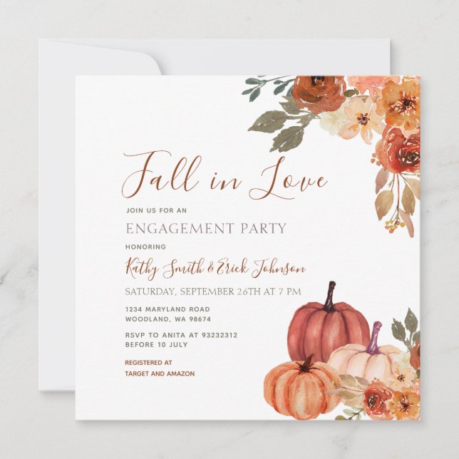 Invitation Automne Citrouille Floral Chute d'amour Engagement (Devant)
