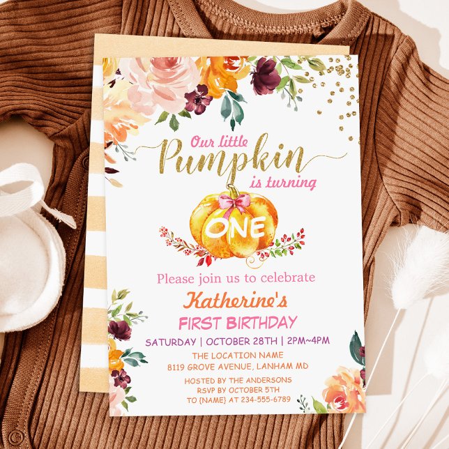 Invitation Automne Citrouille Floral Girl Baby Fête d'anniver (Créateur téléchargé)