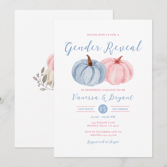 Invitation Automne Citrouille Genre Révéler rose et bleu Flor (Devant / Derrière)