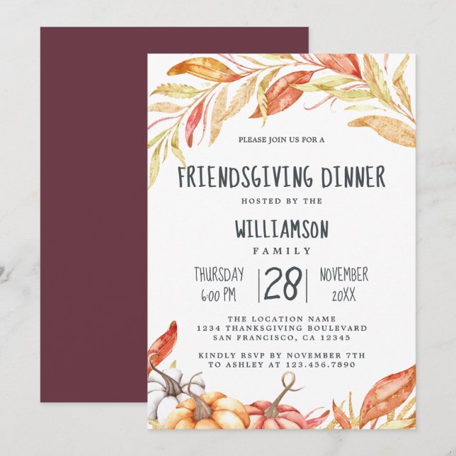 Invitation Automne Citrouille Golden Foliing Friendsgiving Dî (Devant / Derrière)