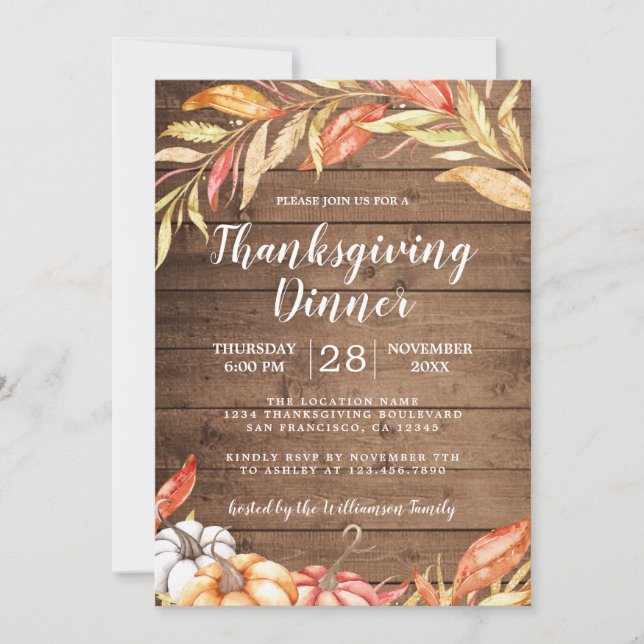 Invitation Automne Citrouille Golden Foliing Thanksgiving Dîn (Devant)