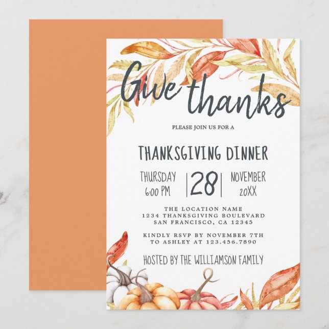 Invitation Automne Citrouille Golden Foliing Thanksgiving Dîn (Devant / Derrière)