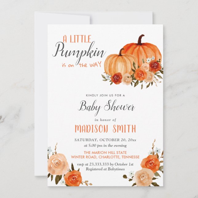 Invitation Automne Citrouille orange | BABY SHOWER (Devant)
