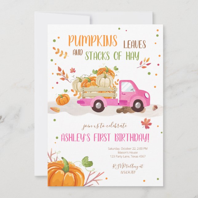 Invitation Automne Citrouille Pink Truck Orange Green Girl An (Devant)