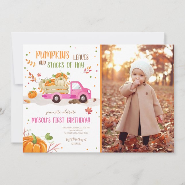 Invitation Automne Citrouille Pink Truck Orange Green Girl An (Devant)