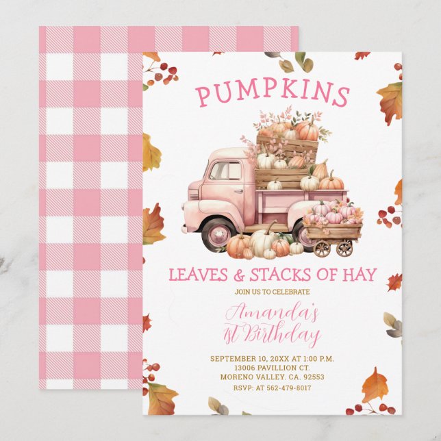 Invitation Automne Citrouille rose Camion fille 1er anniversa (Devant / Derrière)
