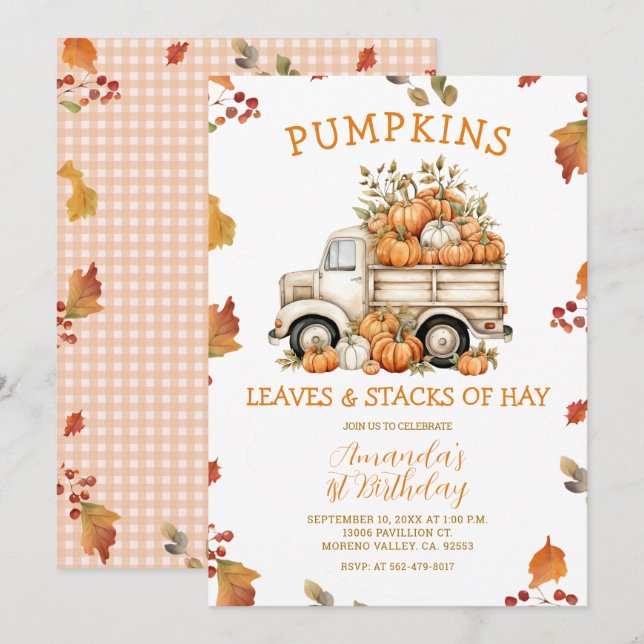 Invitation Automne Citrouille rose Camion Fille Anniversaire  (Devant / Derrière)