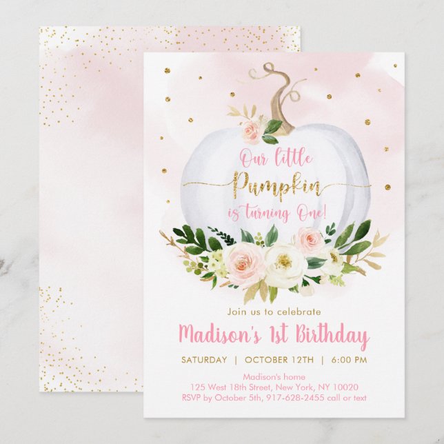 Invitation Automne Citrouille Rose Gold Girl Premier annivers (Devant / Derrière)