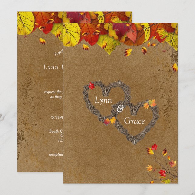 Invitation Automne Couleur Automne Feuille Coeurs de brindill (Devant / Derrière)