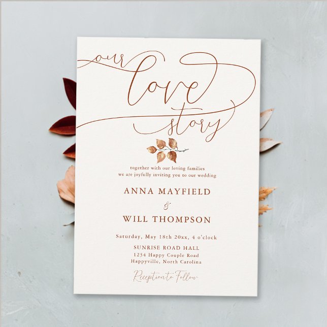 Invitation Automne Élégante calligraphie Notre histoire d'amo (Our Love Story Romantic Elegant Calligraphy Fall Autumn Wedding Invitation Terracotta Burnt Orange)