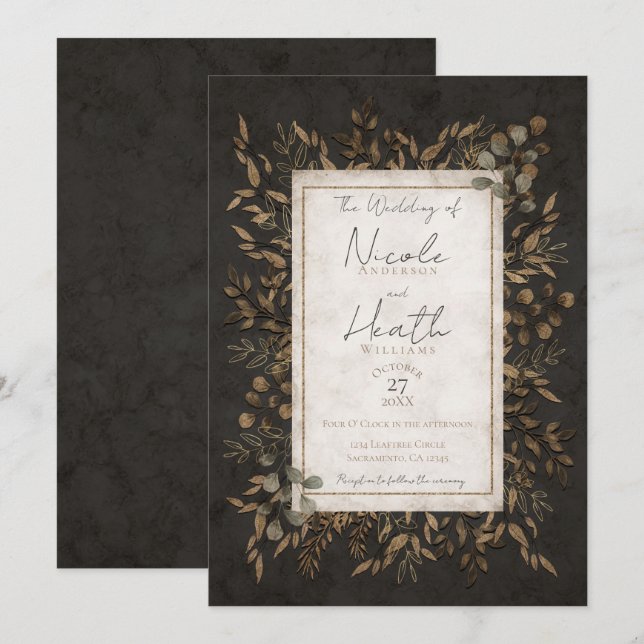 Invitation Automne Fairytale Bronze Botanique Feuille Mariage (Devant / Derrière)