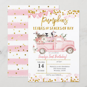 Invitation Automne ferme fille rose Citrouille Camion Anniver