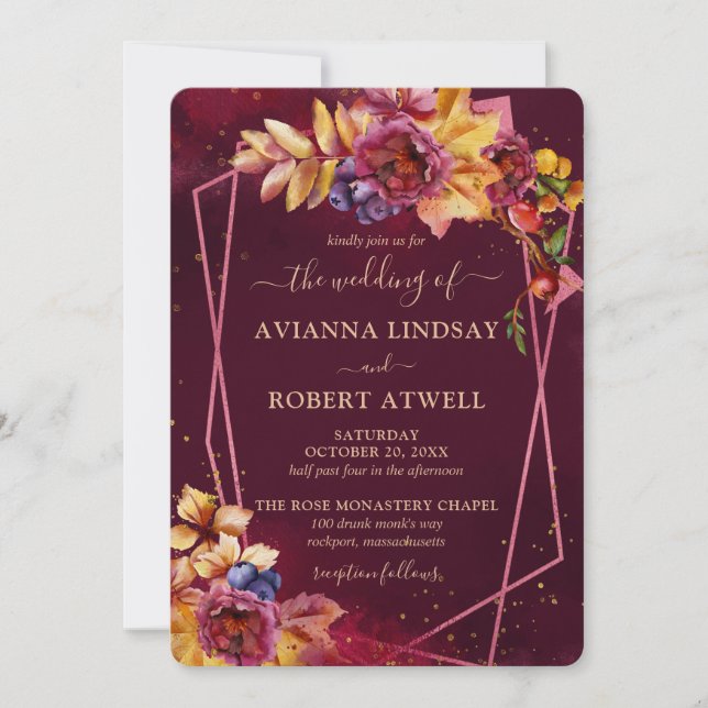 Invitation Automne Feuilles Fleurs et Berries Mariage Bourgog (Devant)