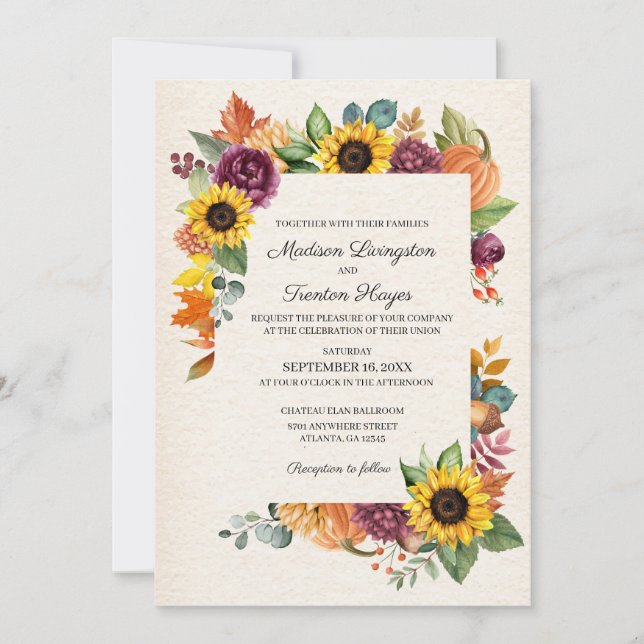 Invitation Automne Feuilles Tournesol Mariage de automne Invi (Devant)