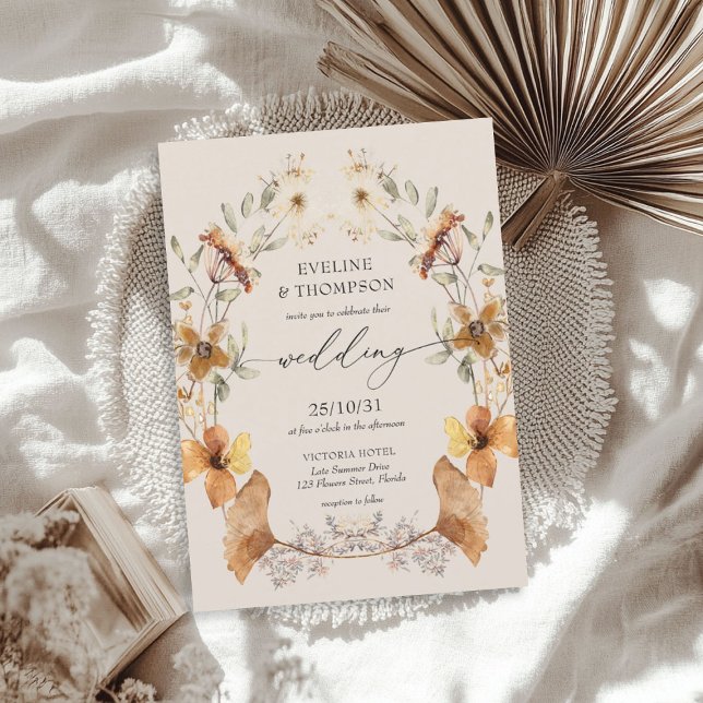 Invitation Automne Fleur sauvage Aquarelle Floral gingko Mari (Fall Wildflowers Watercolor Floral gingko Wedding Invitation)
