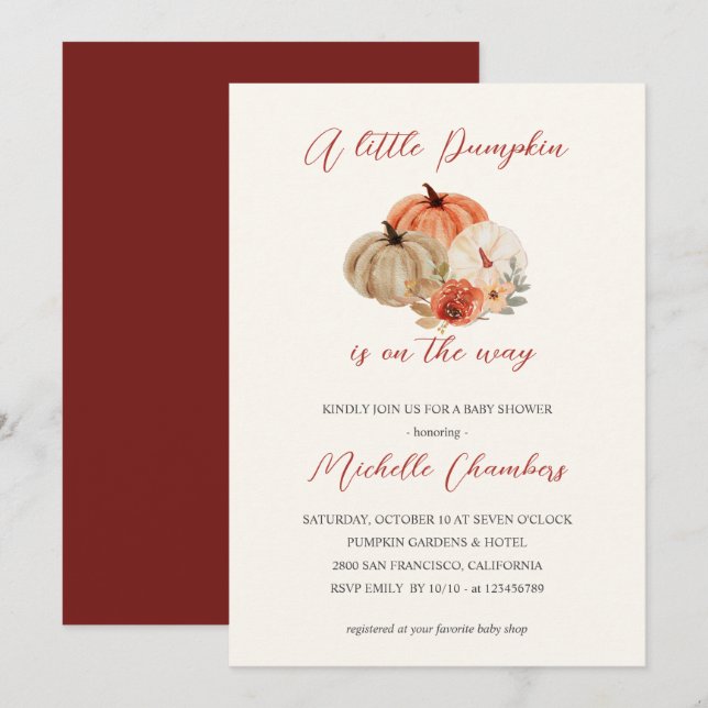 Invitation Automne Fleurs Citrouilles Baby shower élégant (Devant / Derrière)