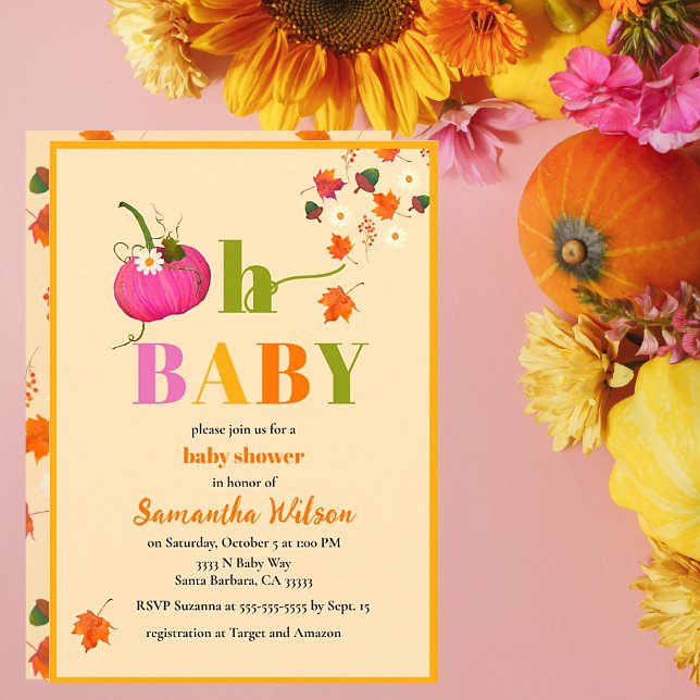 Invitation Automne Fleurs Citrouilles Fille Baby shower rose (Fall Pumpkin Pink Cute Oh Baby Cute Autumn Baby Shower Invitations.)