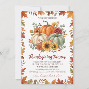 Invitation Automne Fleurs de Citrouilles Dîner de Thanksgivin