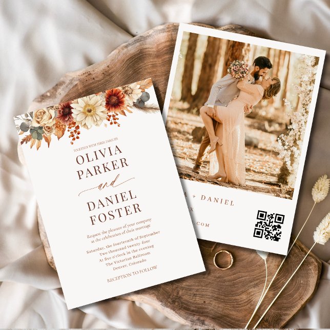 Invitation Automne Floral Automne QR Code Photo Mariage (Créateur téléchargé)