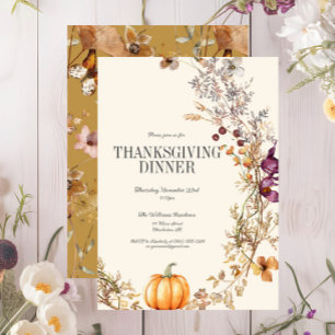 Invitation Automne Floral Boho Citrouille Thanksgiving Dîner