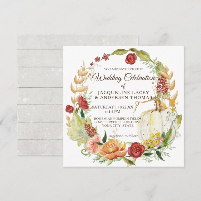 Invitation Automne Floral Bourgogne blanc Citrouille Mariage  (Devant / Derrière)