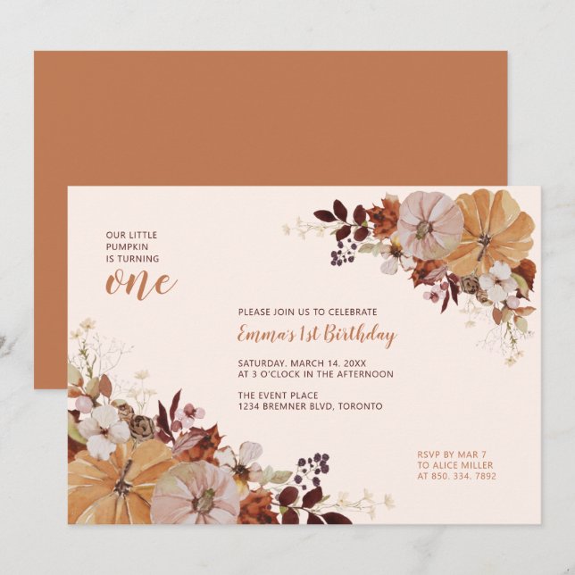 Invitation Automne Floral & Citrouille 1er anniversaire (Devant / Derrière)